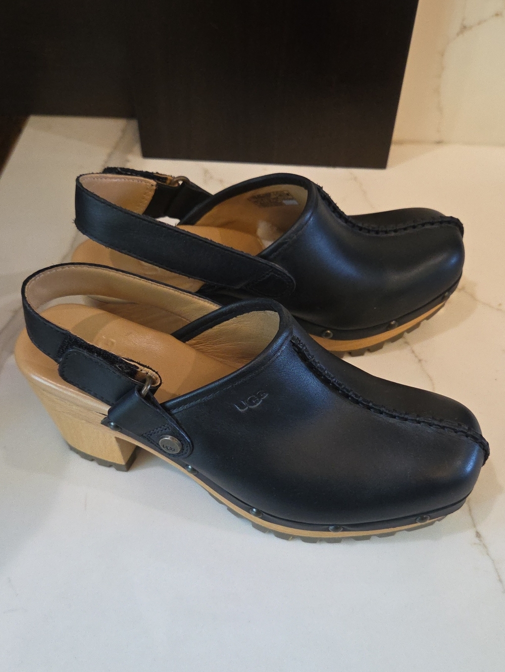 UGG Black Leather Slingback Clogs with Tan Wood Heel